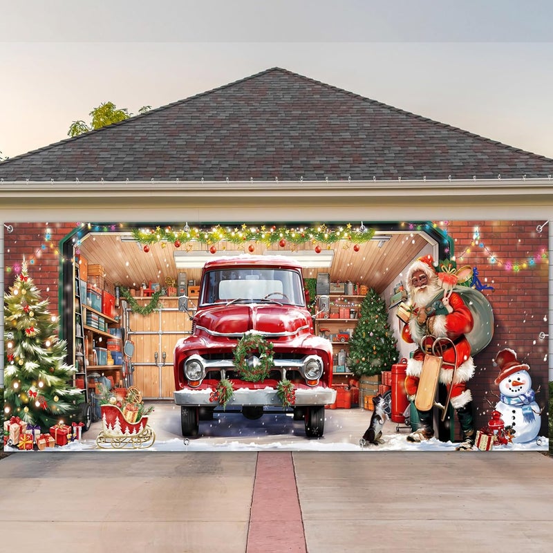 WovWeave Christmas Garage Door Banners Christmas Garage Door Backdrop Decor for Xmas Party Background Supplies(5.9 x 16.4 ft,Black Santa) - Image 1